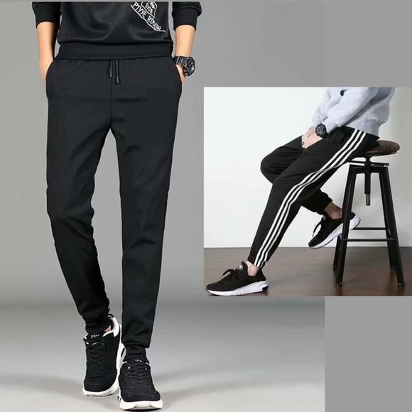 Slim Fit Black Casual Pants for men side stripes Elastic Waist draw cord - Picture 1 of 6